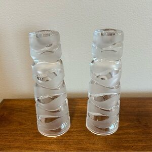 JG Durand Satin Frosted Swirled Crystal Candlestick Holders Pair 7” High
